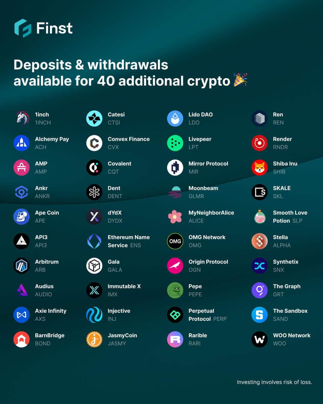Finst voegt 40 nieuwe crypto tokens toe
